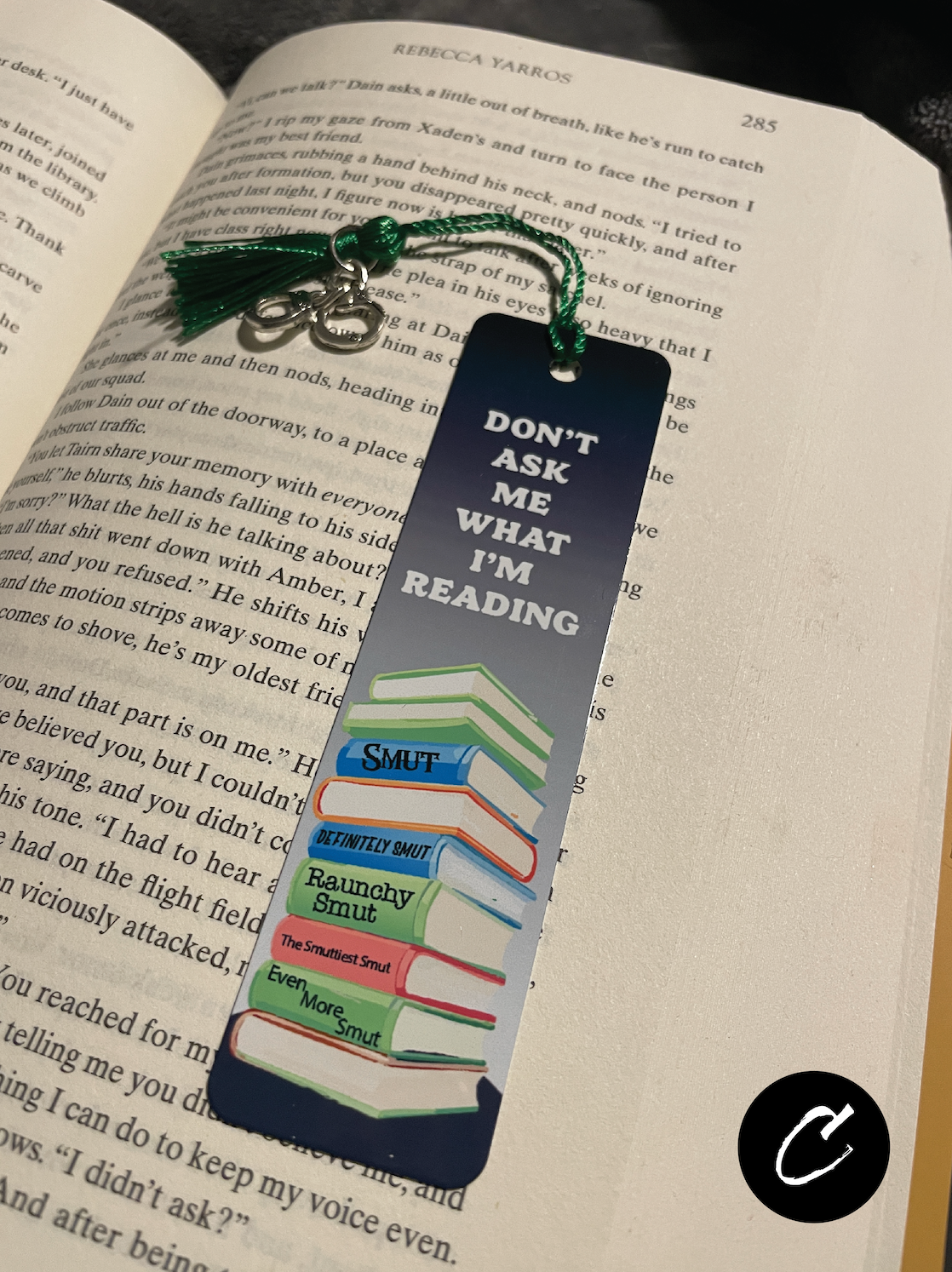 Smut Bookmark with humorous text on an open book